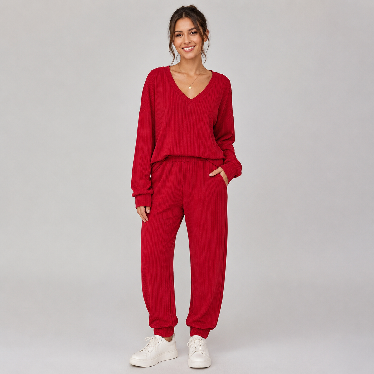 Optew Women's Lounge Set – Ribbed V-Neck Tapered