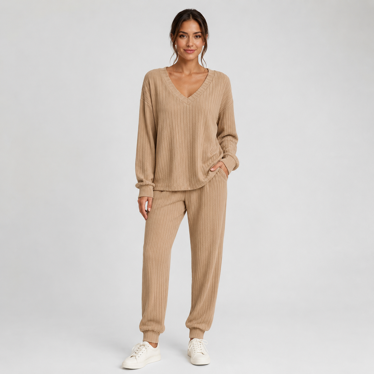 Optew Women's Lounge Set – Ribbed V-Neck Tapered