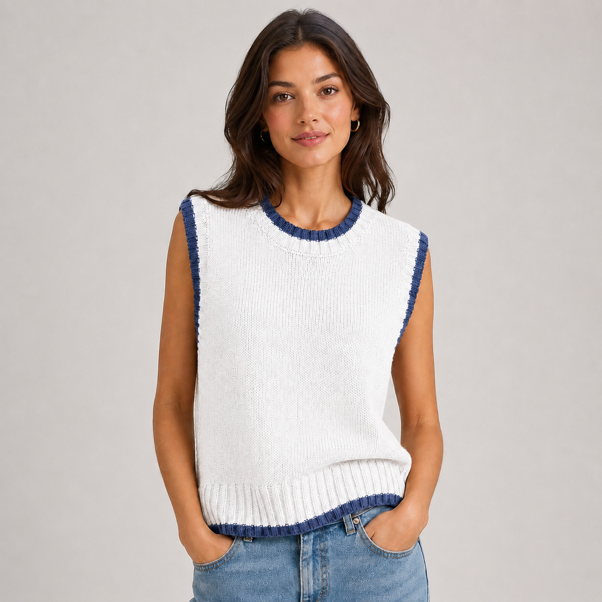 Optew Women's Sweater Vest – Contrast-Trim Round-Neck