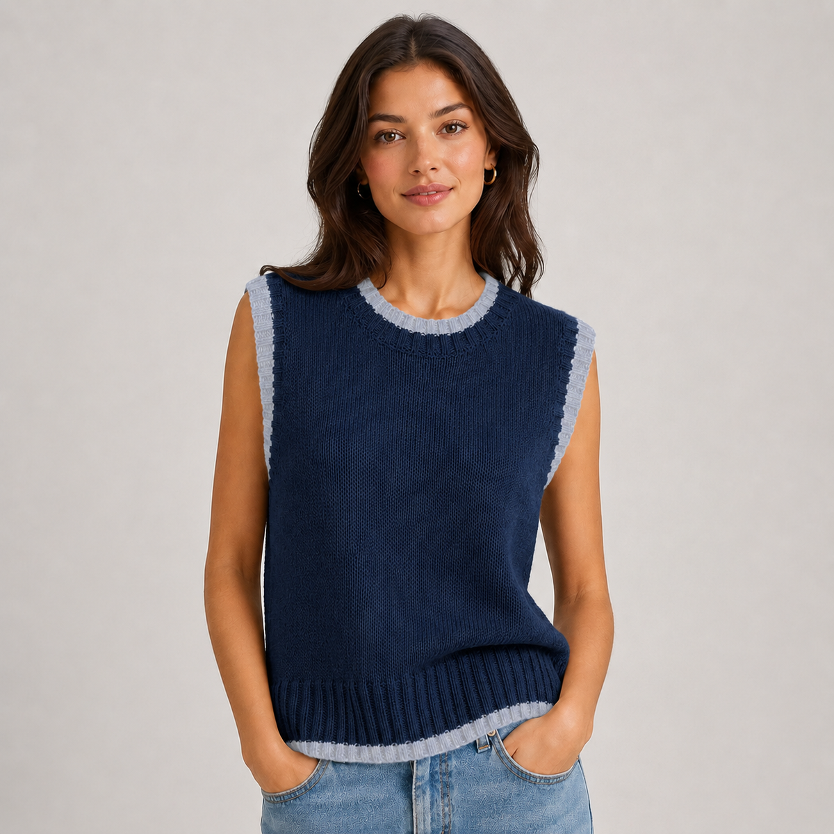 Optew Women's Sweater Vest – Contrast-Trim Round-Neck