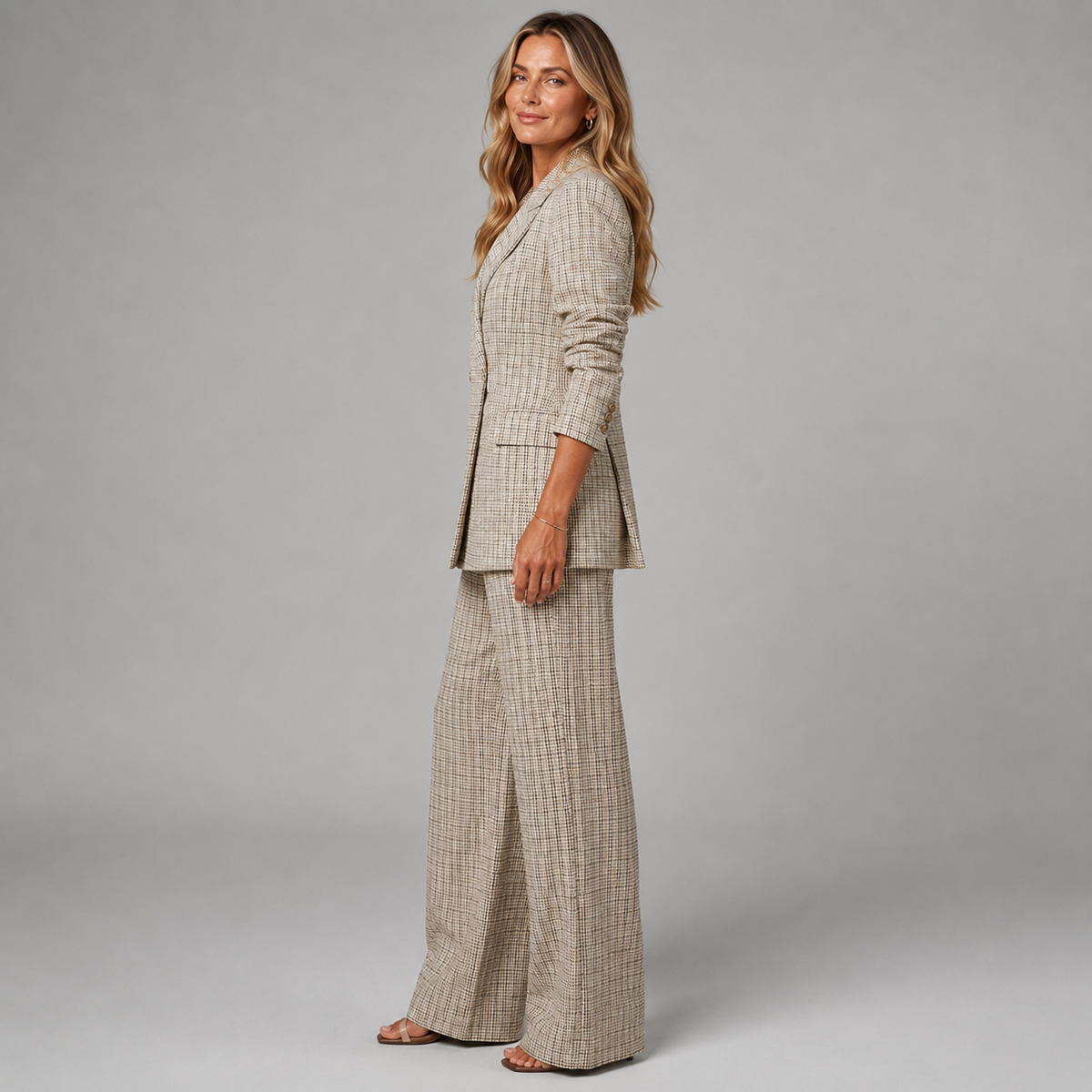 Optew Women's Suit Set – Check Blazer Wide-Leg Trousers