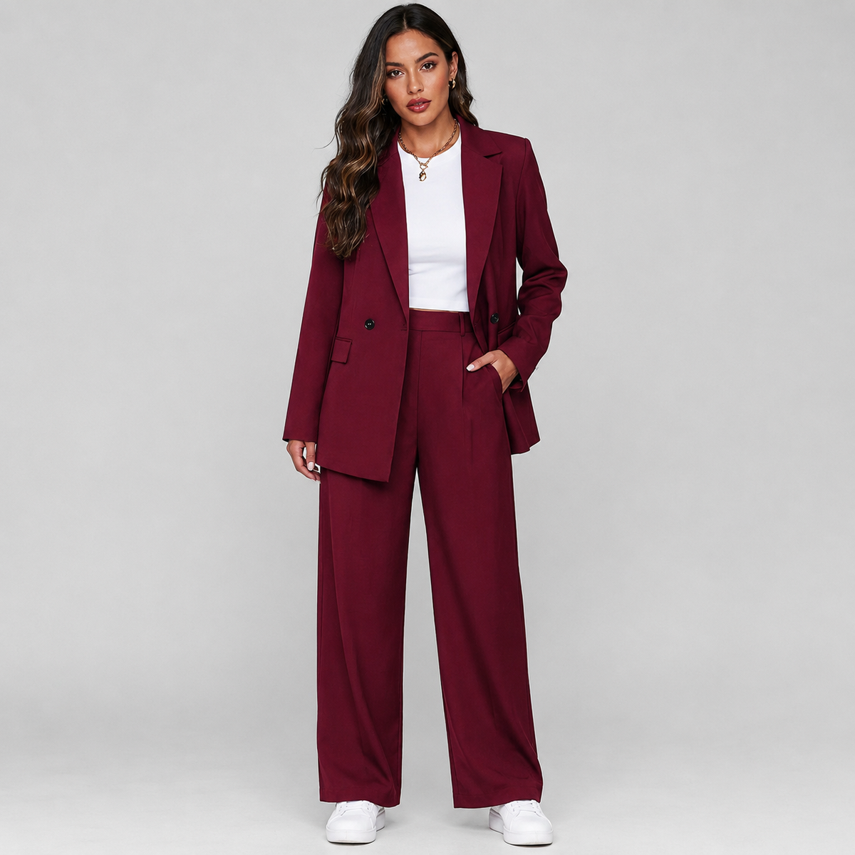 Optew Women's Suit Set – Longline Blazer Wide-Leg Trousers