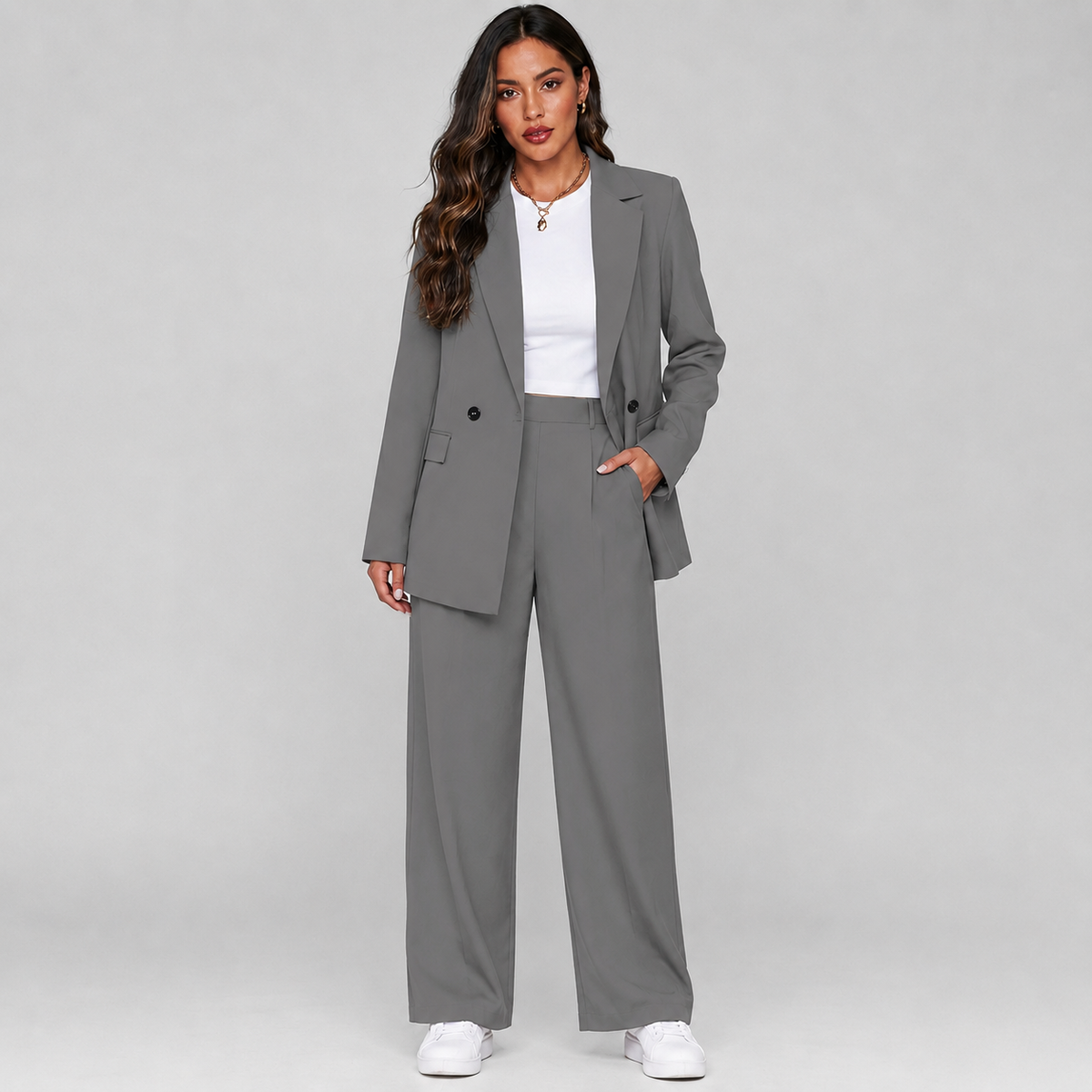 Optew Women's Suit Set – Longline Blazer Wide-Leg Trousers