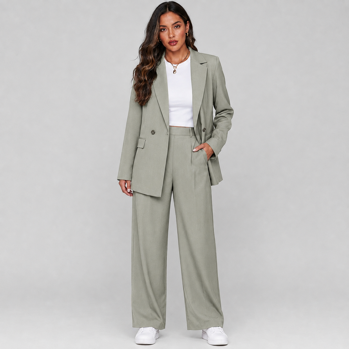 Optew Women's Suit Set – Longline Blazer Wide-Leg Trousers