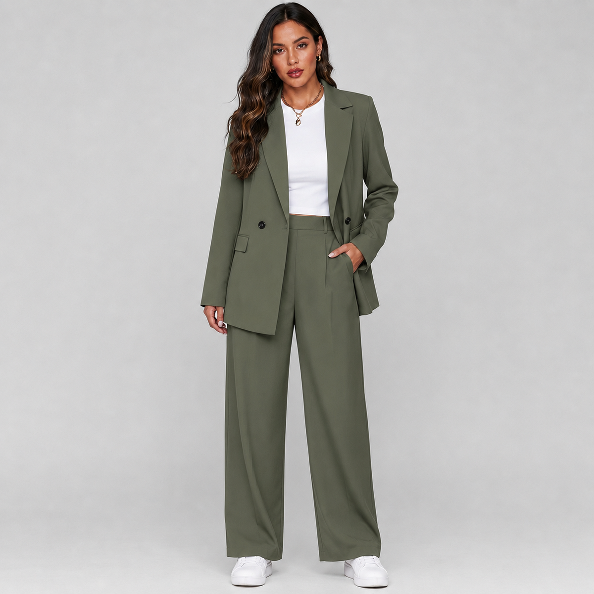 Optew Women's Suit Set – Longline Blazer Wide-Leg Trousers