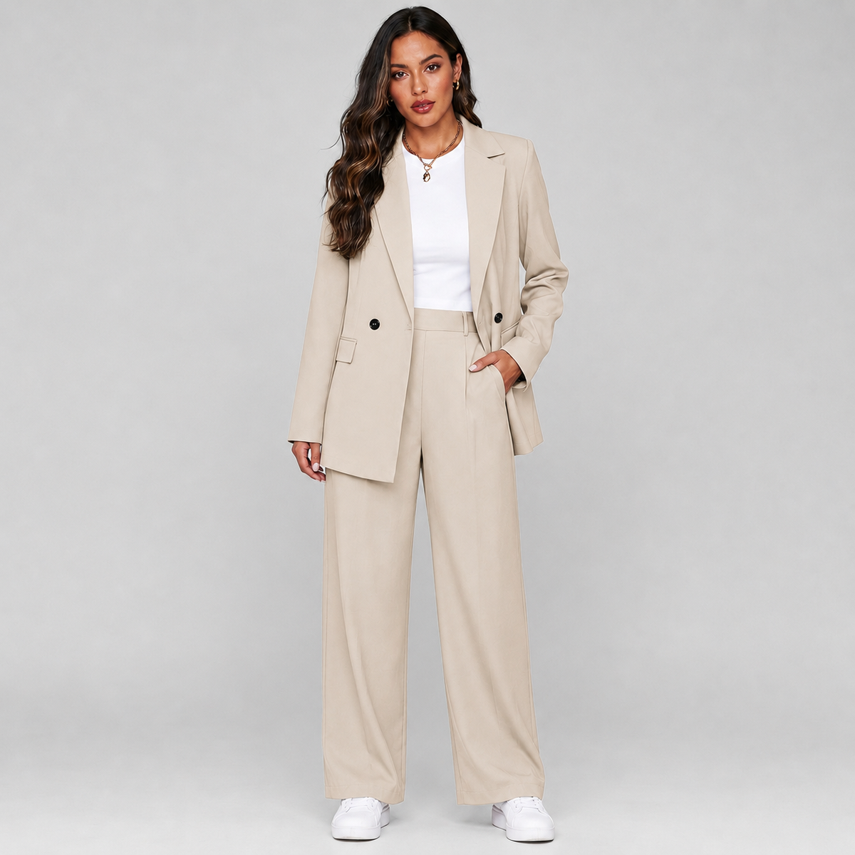 Optew Women's Suit Set – Longline Blazer Wide-Leg Trousers