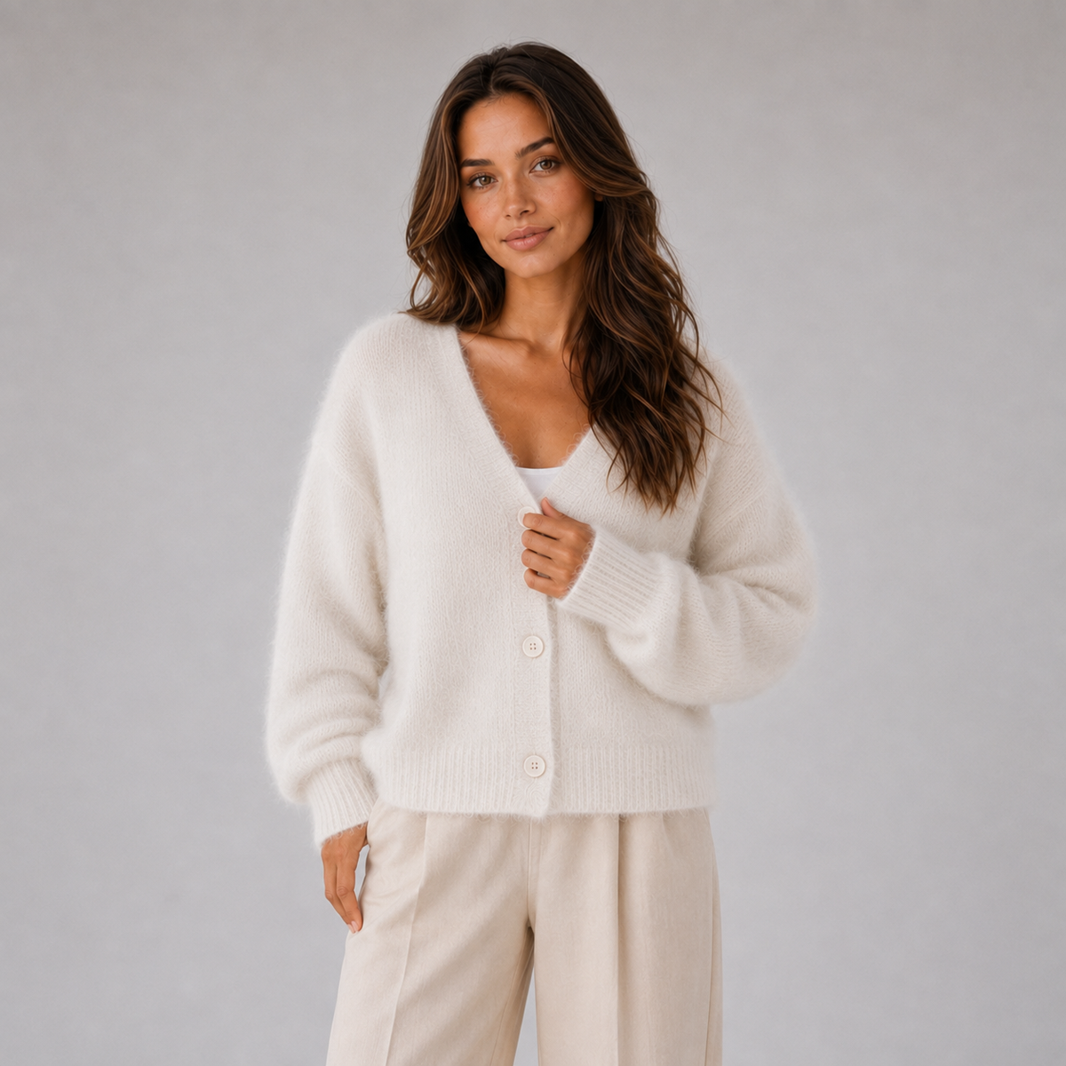 Optew Women's Cardigan – Fluffy Knit Button-Front V-Neck