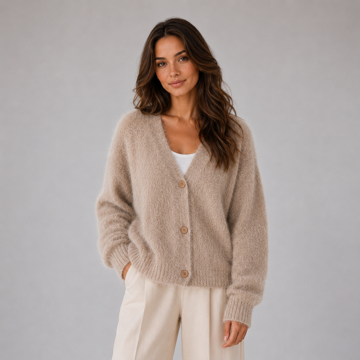 Optew Women's Cardigan – Fluffy Knit Button-Front V-Neck
