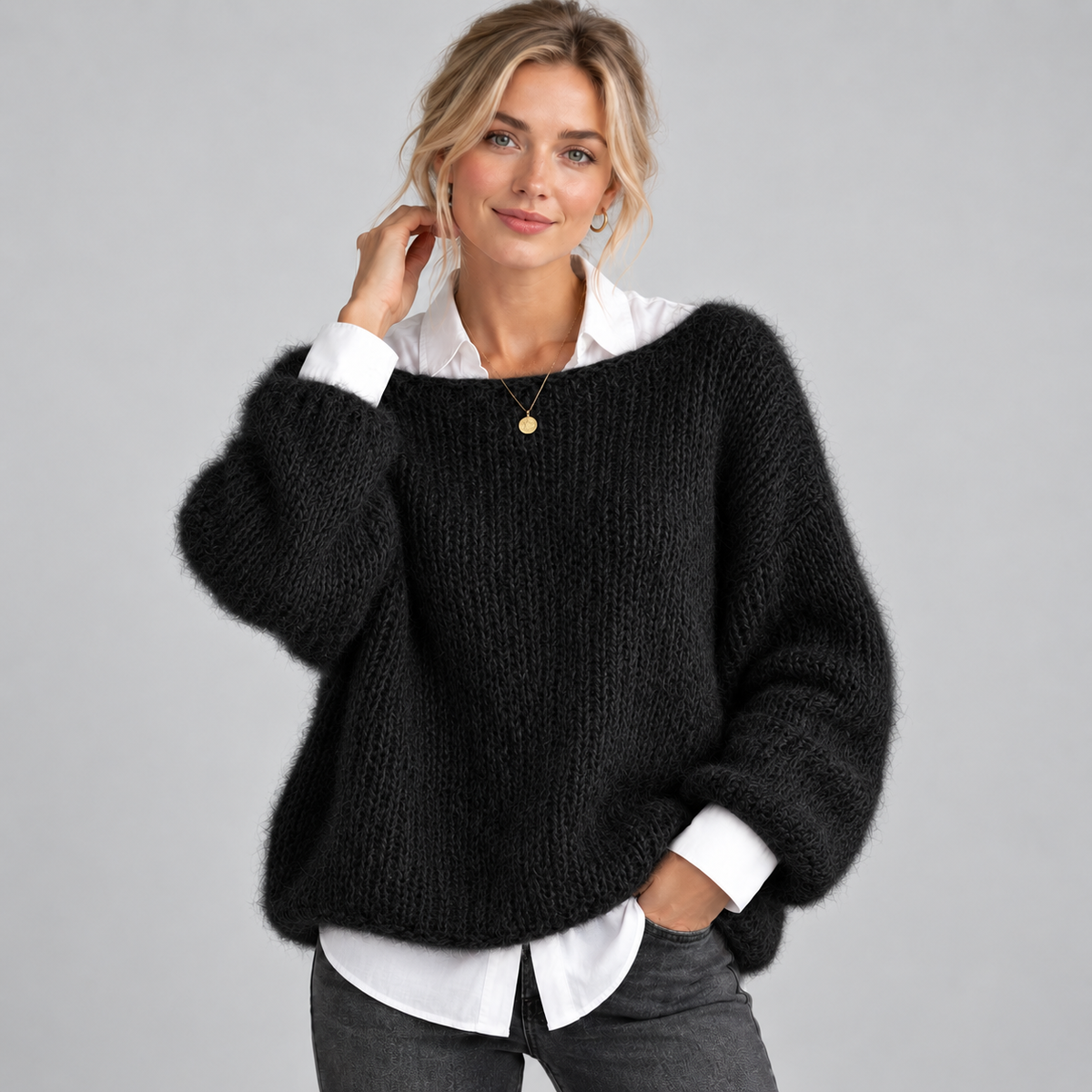 Optew Women's Jumper – Mohair-Look Boat-Neck Cropped
