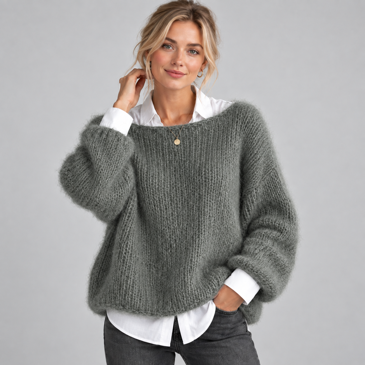 Optew Women's Jumper – Mohair-Look Boat-Neck Cropped