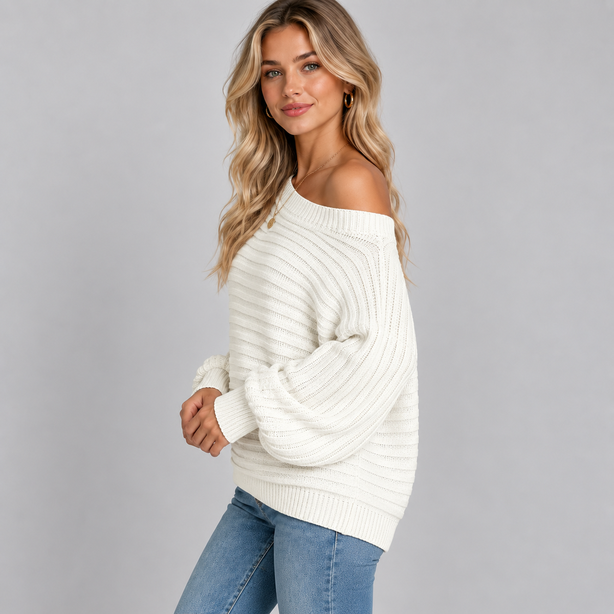Optew Women's Jumper – Off-Shoulder Ribbed Batwing