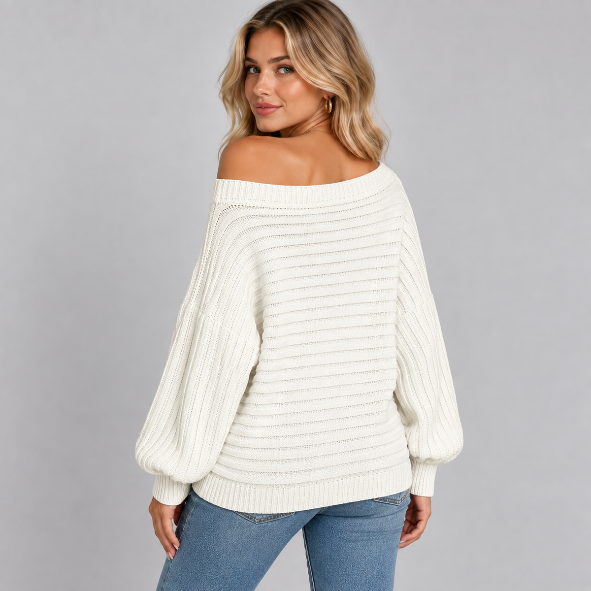 Optew Women's Jumper – Off-Shoulder Ribbed Batwing
