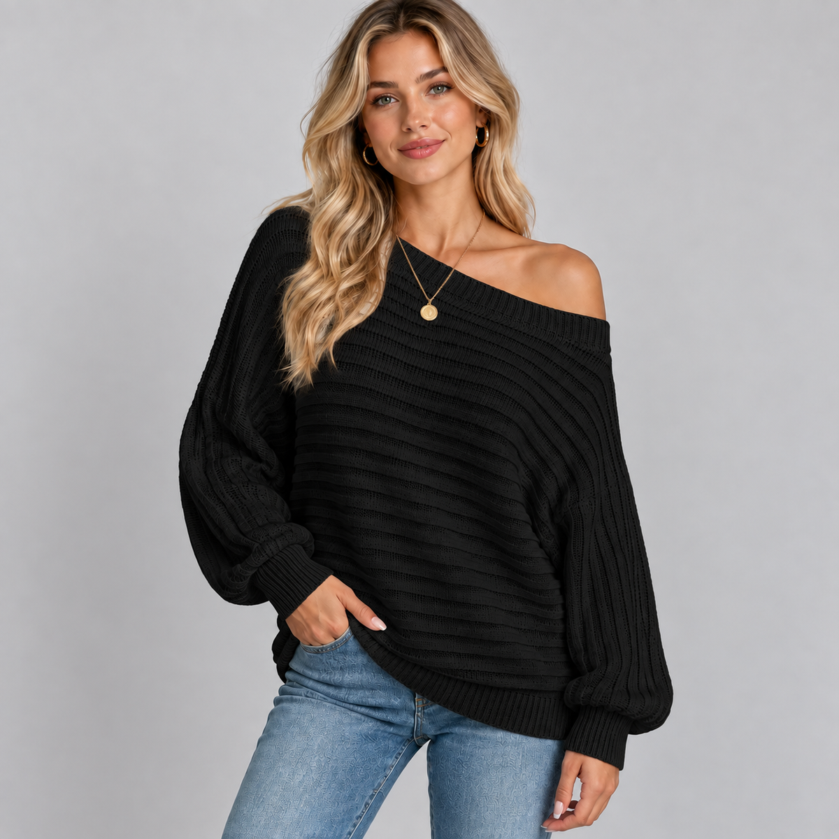 Optew Women's Jumper – Off-Shoulder Ribbed Batwing