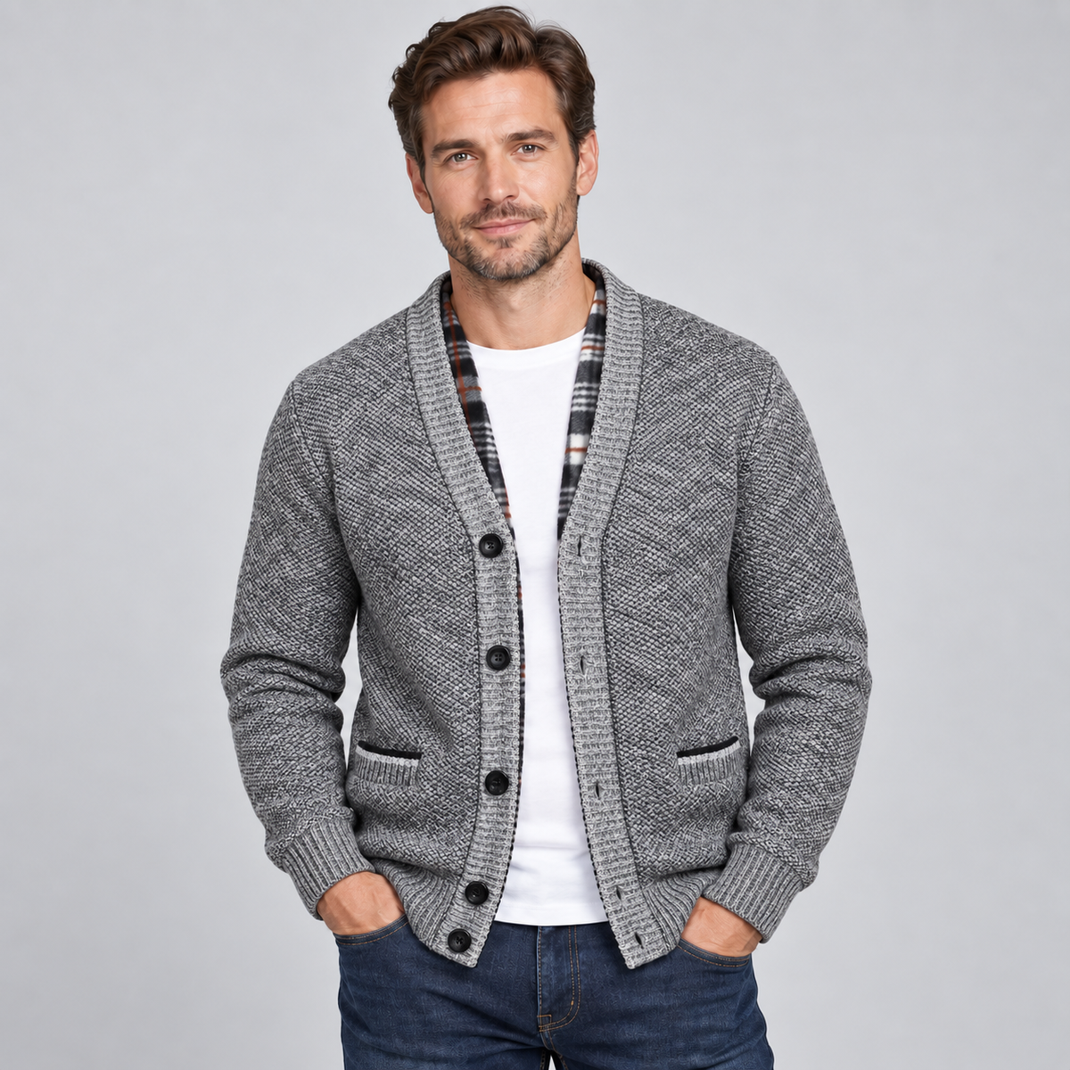 Optew Men's Cardigan – Fleece-Lined Button-Front V-Neck