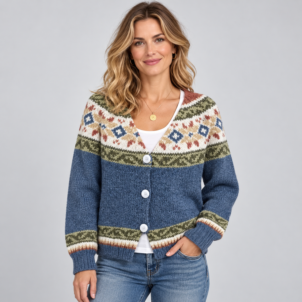 Optew Women's Cardigan – Fair Isle Print Button-Front