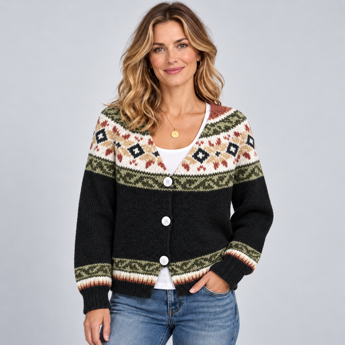 Optew Women's Cardigan – Fair Isle Print Button-Front
