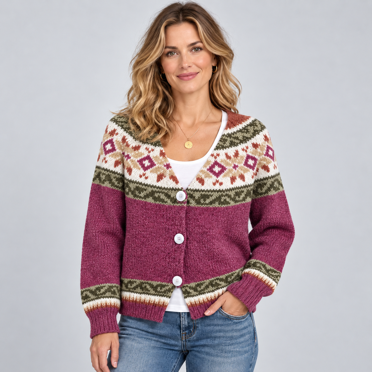 Optew Women's Cardigan – Fair Isle Print Button-Front