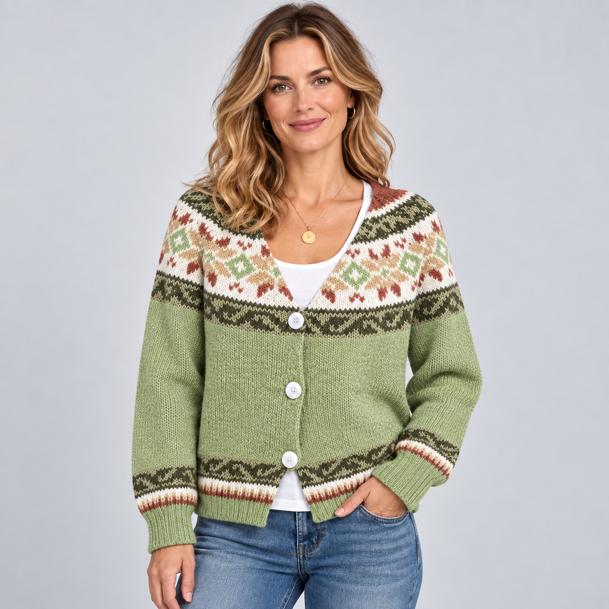 Optew Women's Cardigan – Fair Isle Print Button-Front