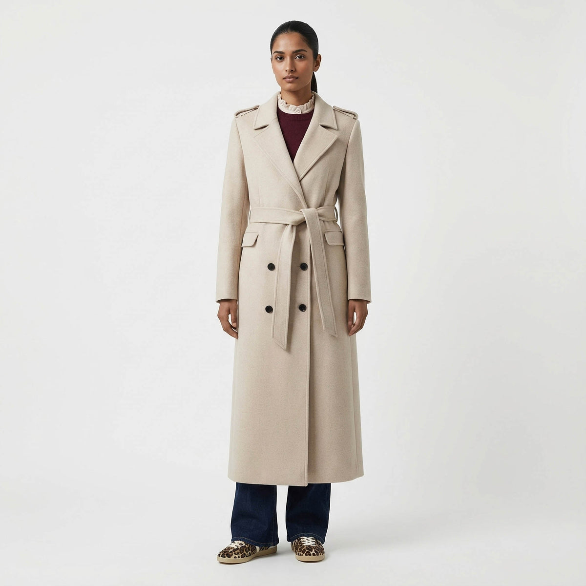 Light Beige Belted Wool Coat with Classic Military Details