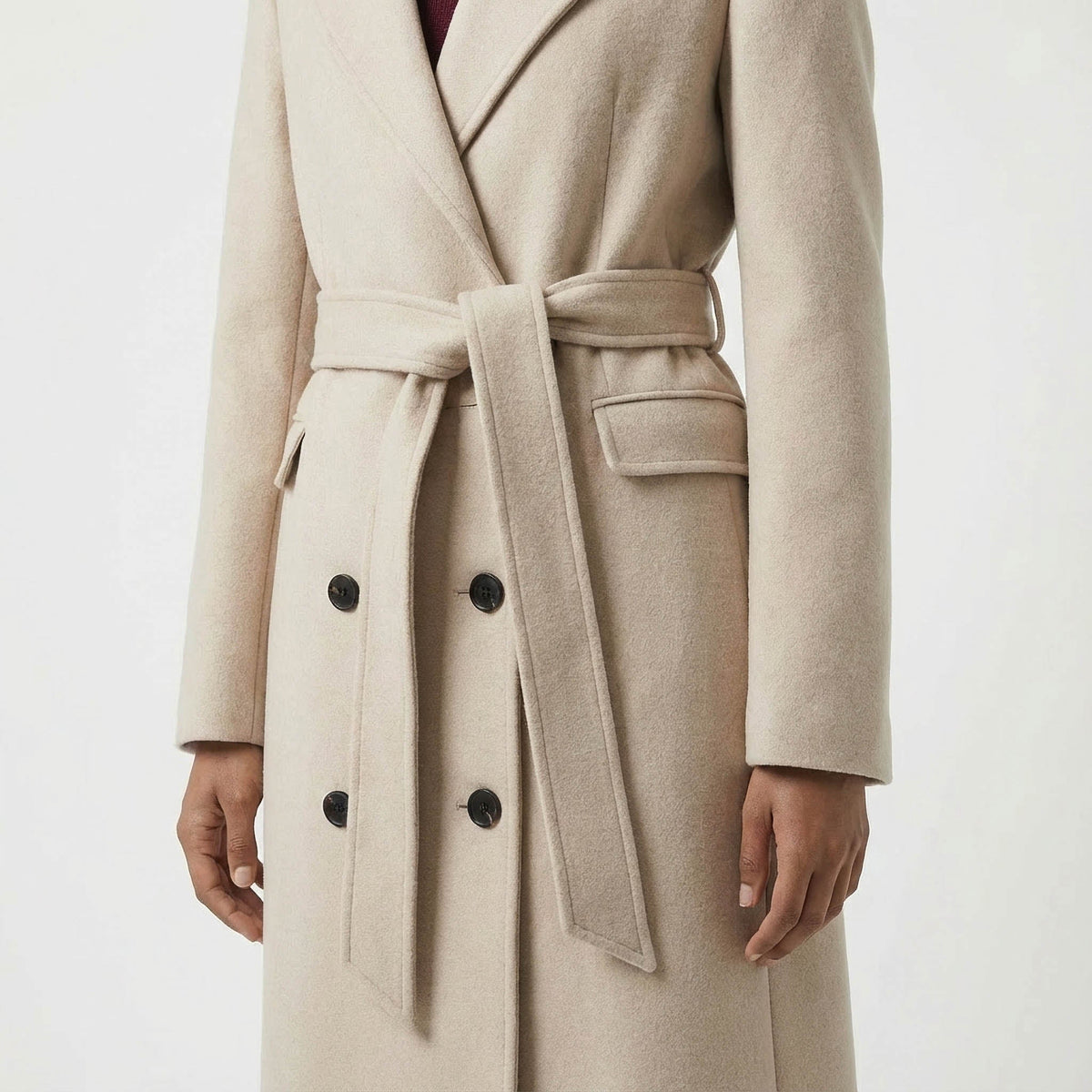 Light Beige Belted Wool Coat with Classic Military Details