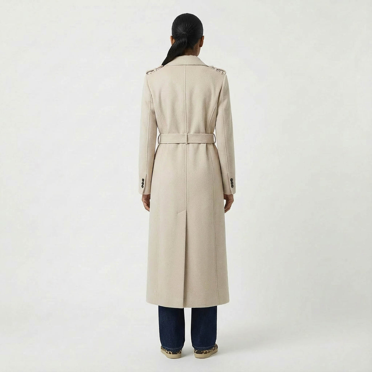 Light Beige Belted Wool Coat with Classic Military Details