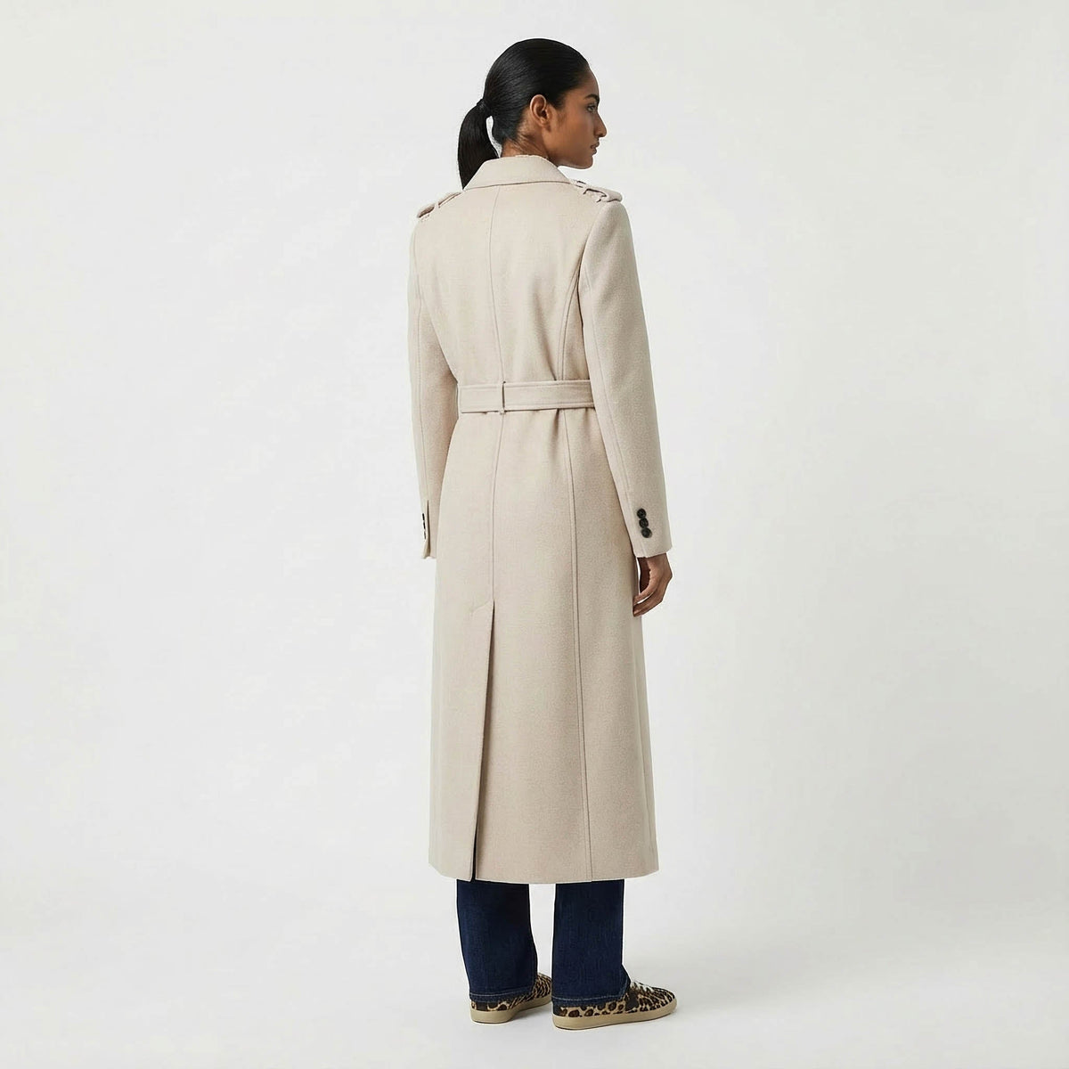 Light Beige Belted Wool Coat with Classic Military Details