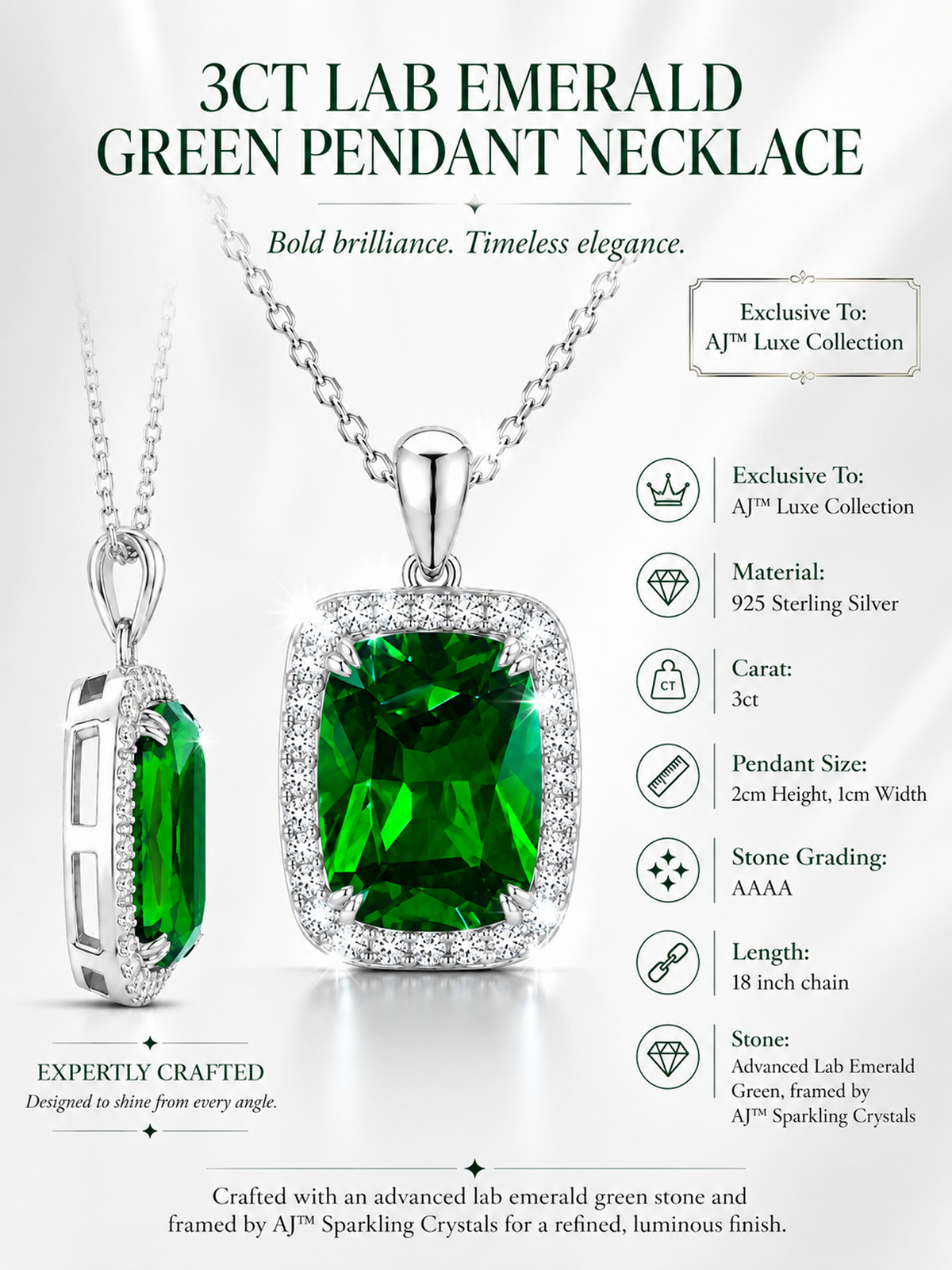925 Sterling Silver Green Emerald Pendant Necklace