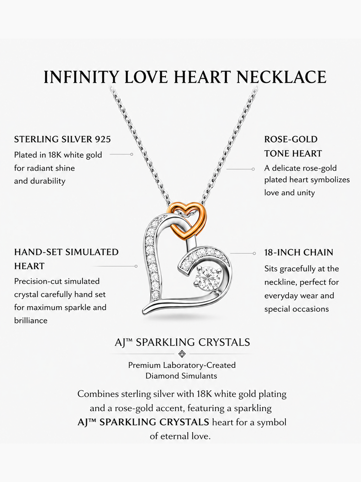 Infinity Love Heart Necklace in 18K White Gold Plated Silver