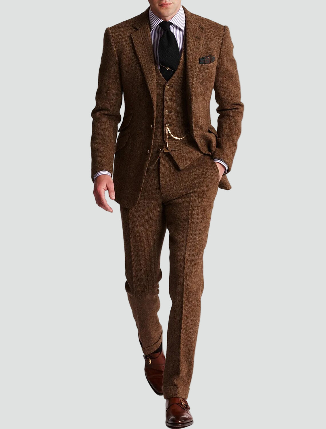 Optew Men Formal Three-Piece Suit Pocket Watch Chain Tweed
