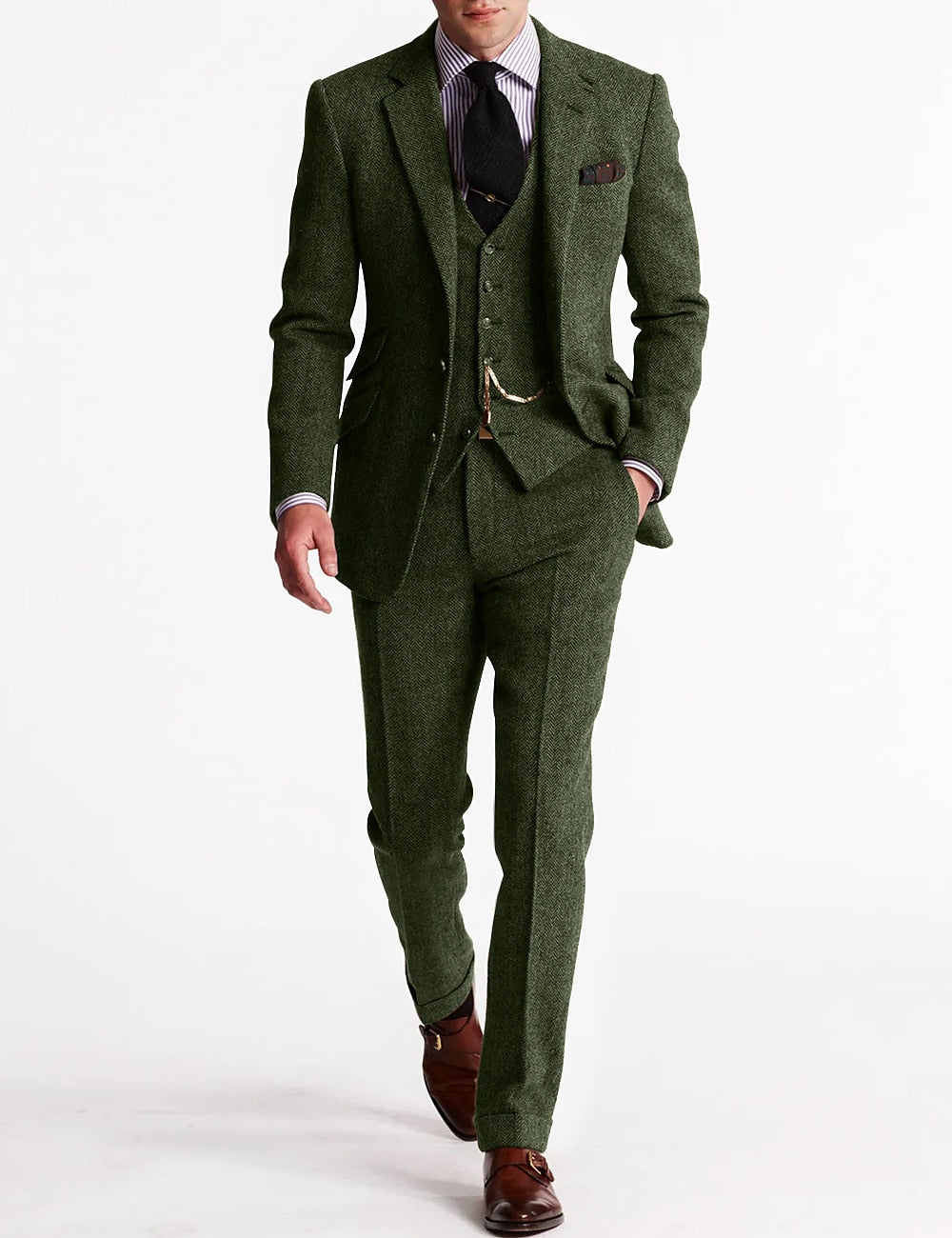 Optew Men Formal Three-Piece Suit Pocket Watch Chain Tweed