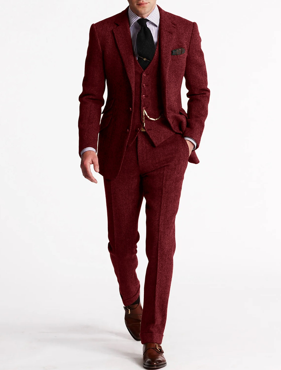 Optew Men Formal Three-Piece Suit Pocket Watch Chain Tweed