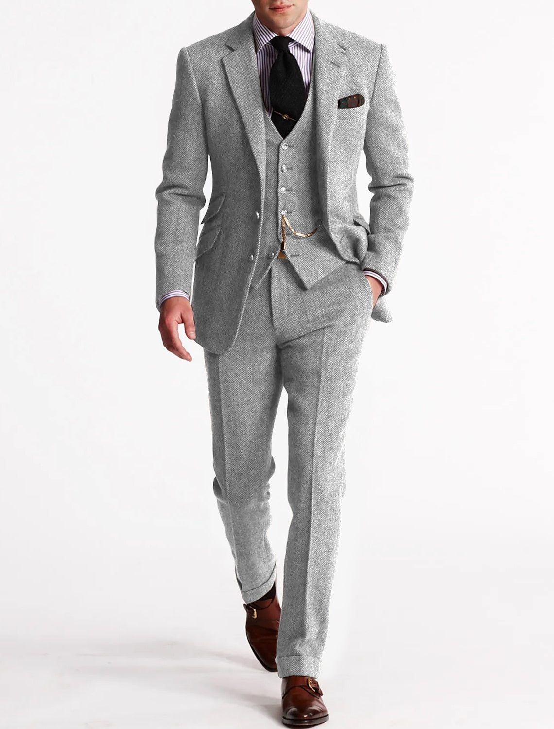 Optew Men Formal Three-Piece Suit Pocket Watch Chain Tweed