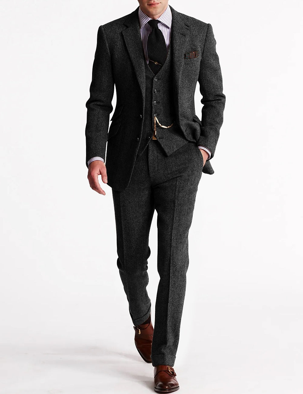Optew Men Formal Three-Piece Suit Pocket Watch Chain Tweed