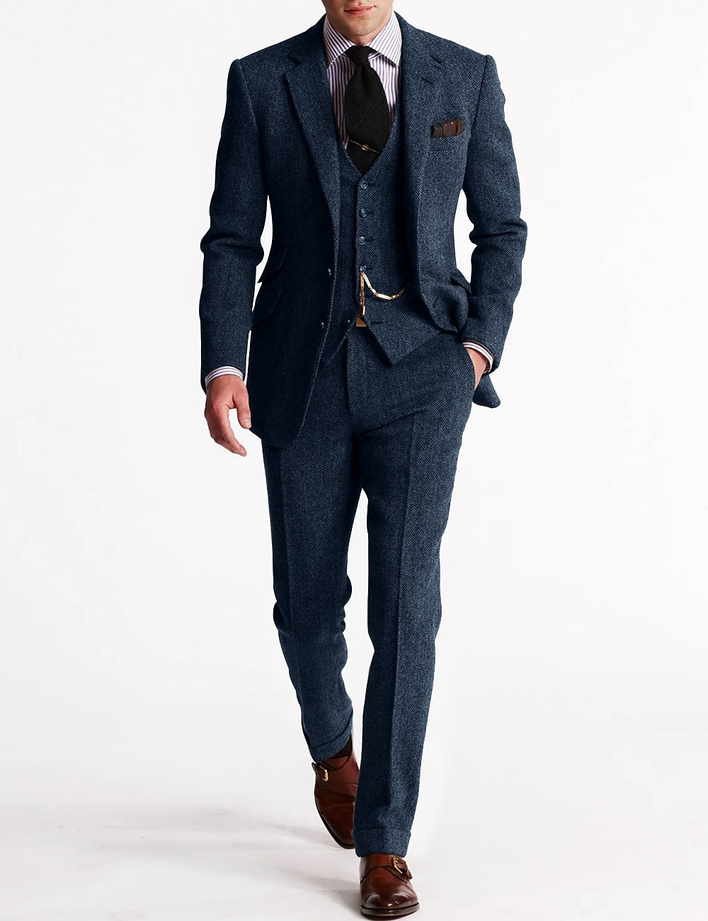 Optew Men Formal Three-Piece Suit Pocket Watch Chain Tweed