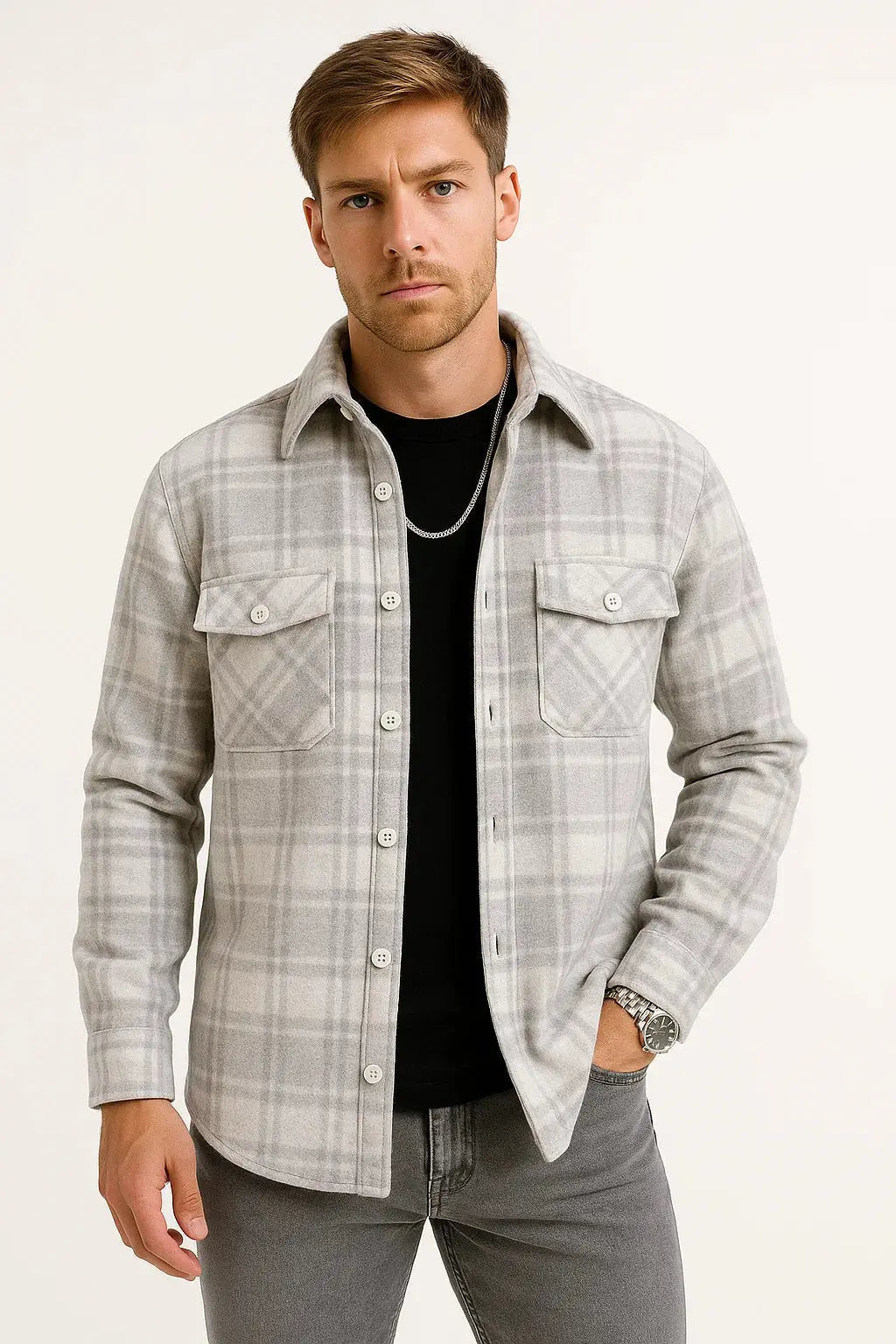 Optew Men's Casual Shirt Cotton-Polyester Blend Long Sleeve Checkered Khaki