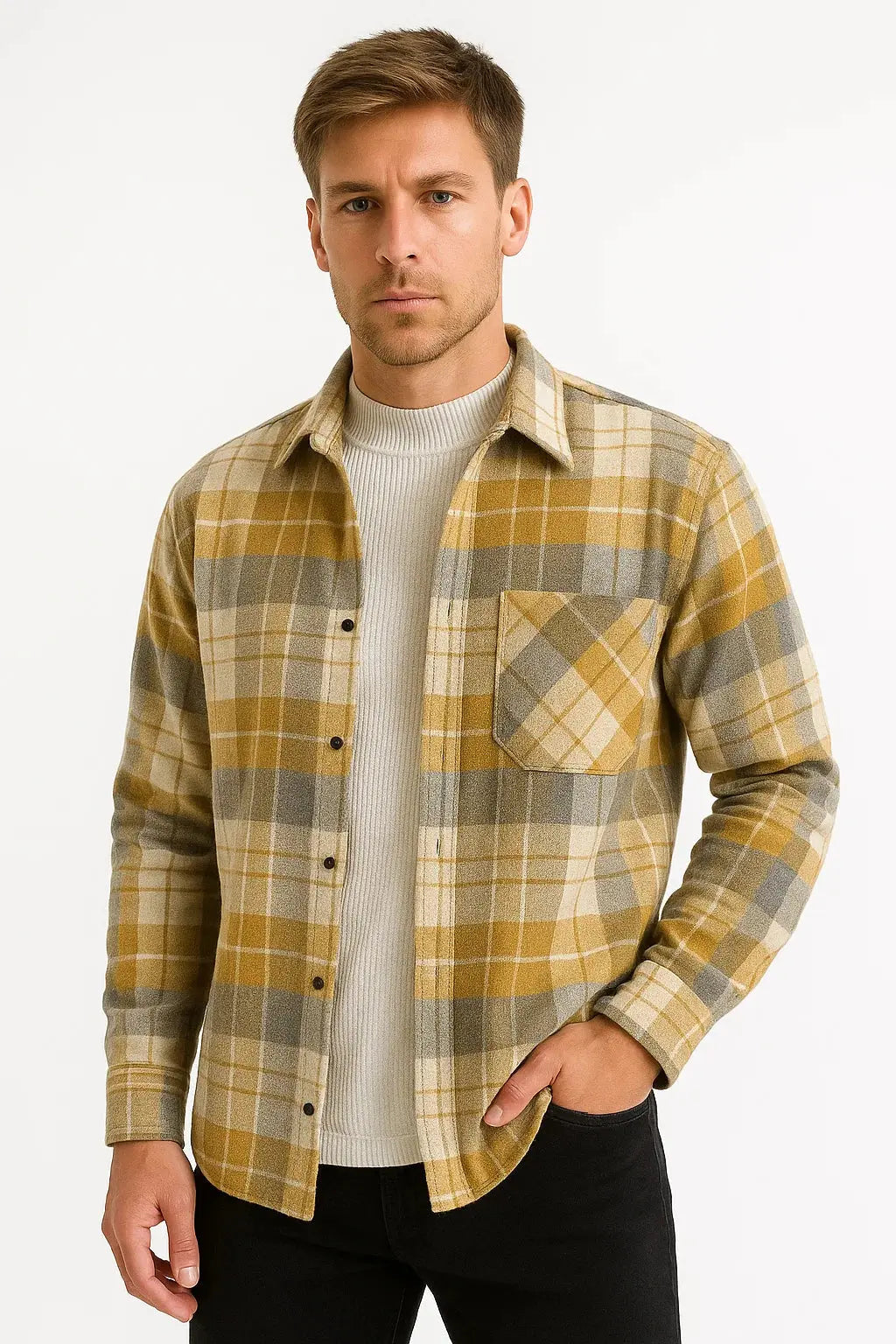 Optew Men's Casual Shirt Cotton-Polyester Blend Long Sleeve Checkered Khaki