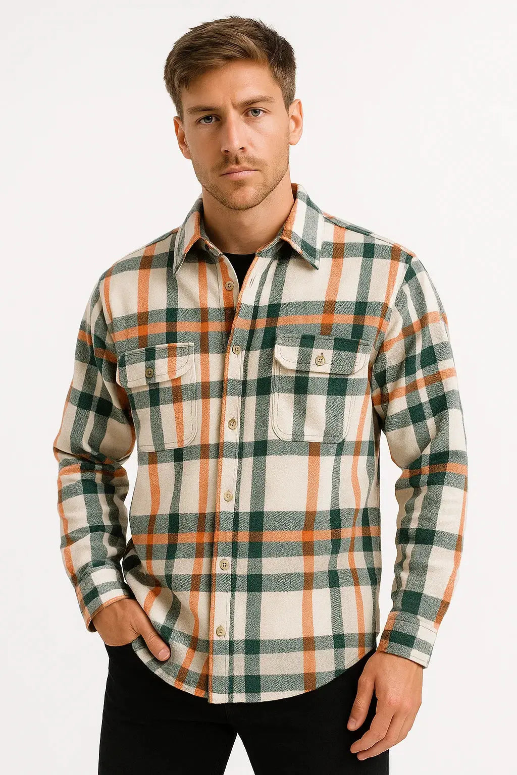 Optew Men's Casual Shirt Cotton-Polyester Blend Long Sleeve Checkered Khaki