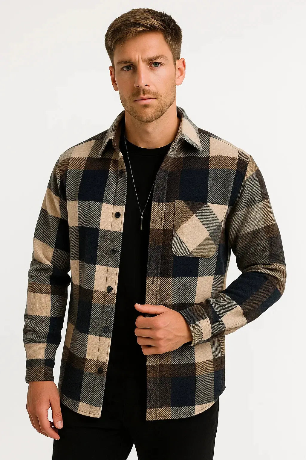 Optew Men's Casual Shirt Cotton-Polyester Blend Long Sleeve Checkered Khaki