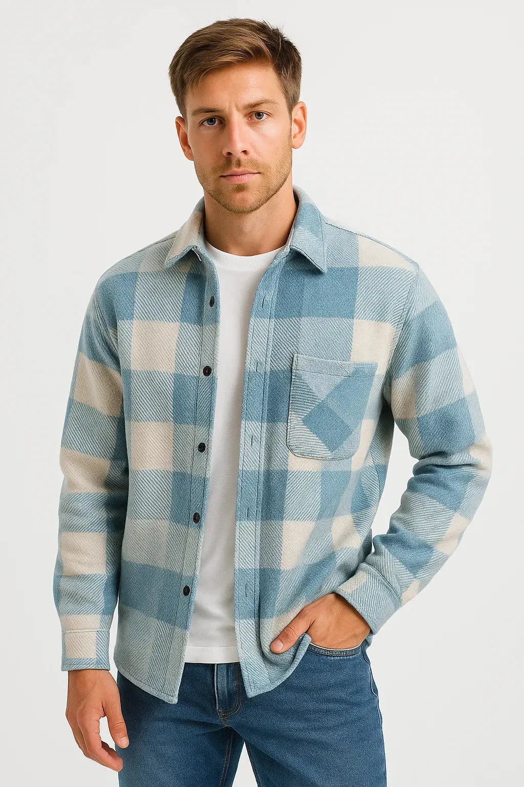 Optew Men's Casual Shirt Cotton-Polyester Blend Long Sleeve Checkered Khaki