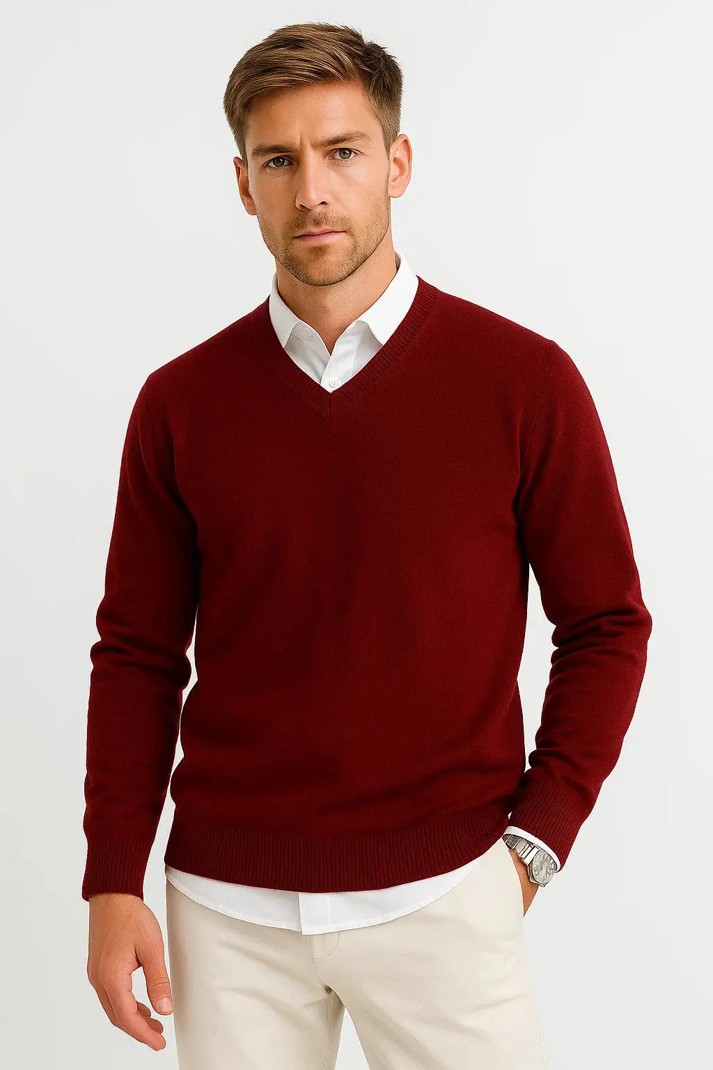 Optew Men's Sweater Wool-Polyester Blend V-Neck Lightweight