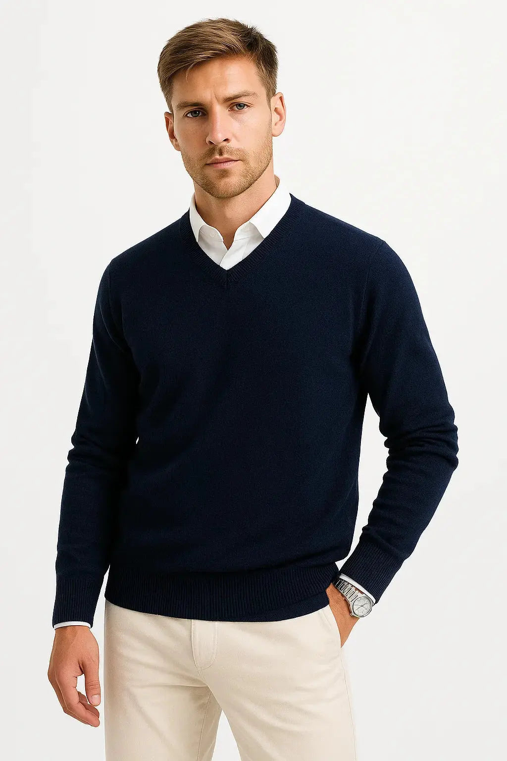 Optew Men's Sweater Wool-Polyester Blend V-Neck Lightweight