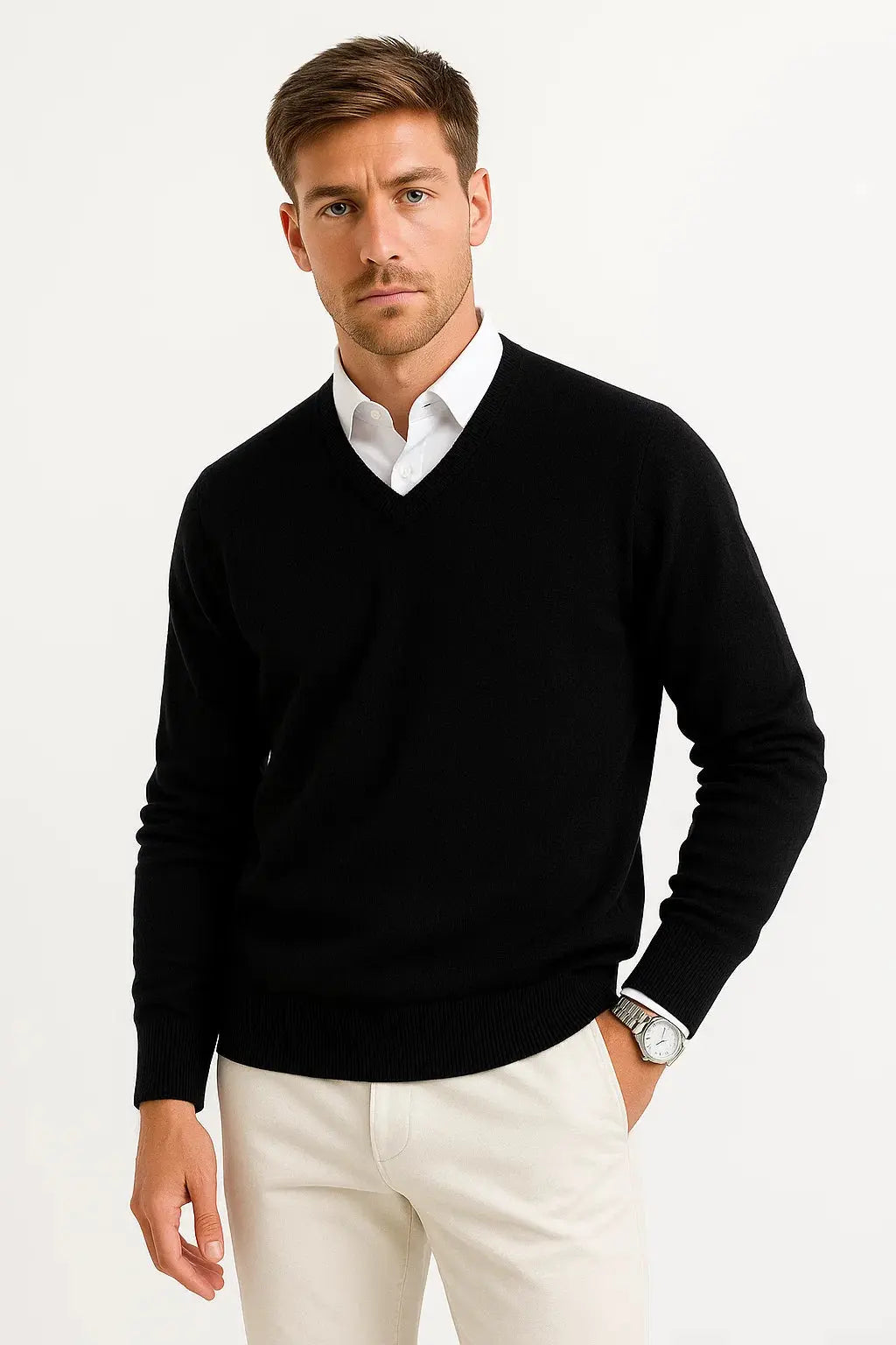 Optew Men's Sweater Wool-Polyester Blend V-Neck Lightweight