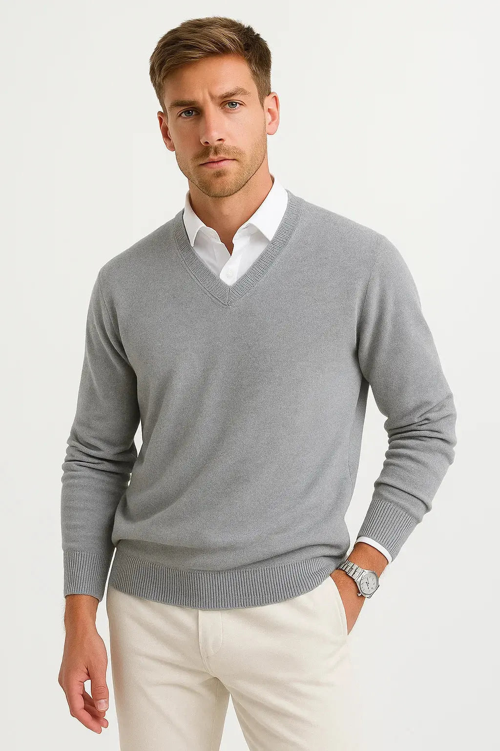 Optew Men's Sweater Wool-Polyester Blend V-Neck Lightweight