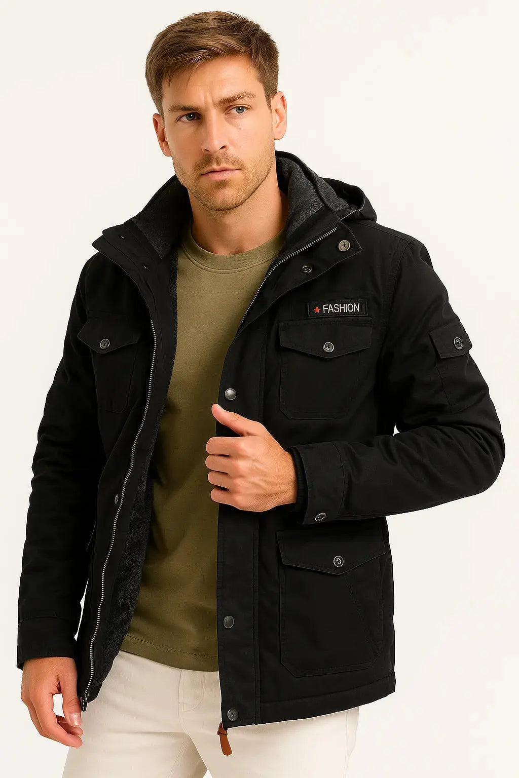 Optew Men's Winter Jacket Army Green Fleece Thermal Hooded Jacket Casual Outdoor Jacket