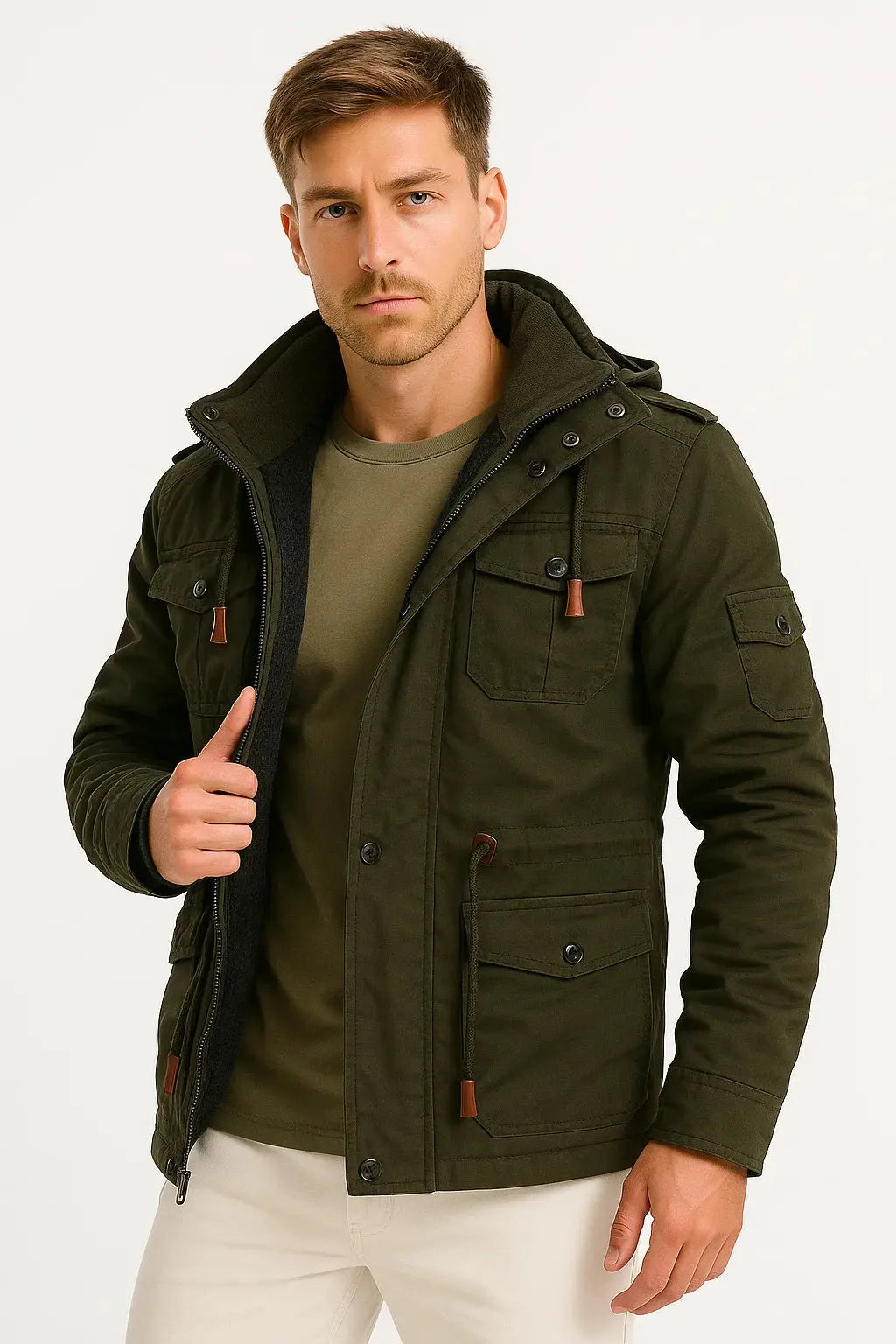 Optew Men's Winter Jacket Army Green Fleece Thermal Hooded Jacket Casual Outdoor Jacket