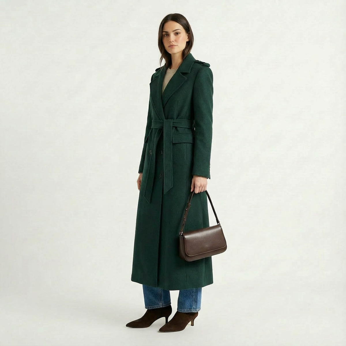 Forest Green Maxi Length Wrap Coat with Military Details