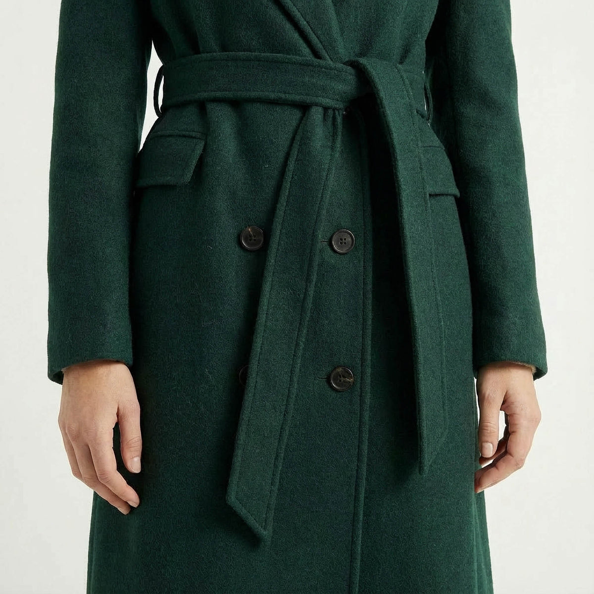 Forest Green Maxi Length Wrap Coat with Military Details
