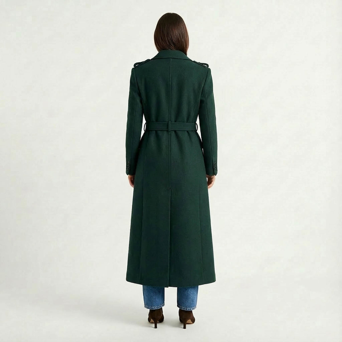 Forest Green Maxi Length Wrap Coat with Military Details