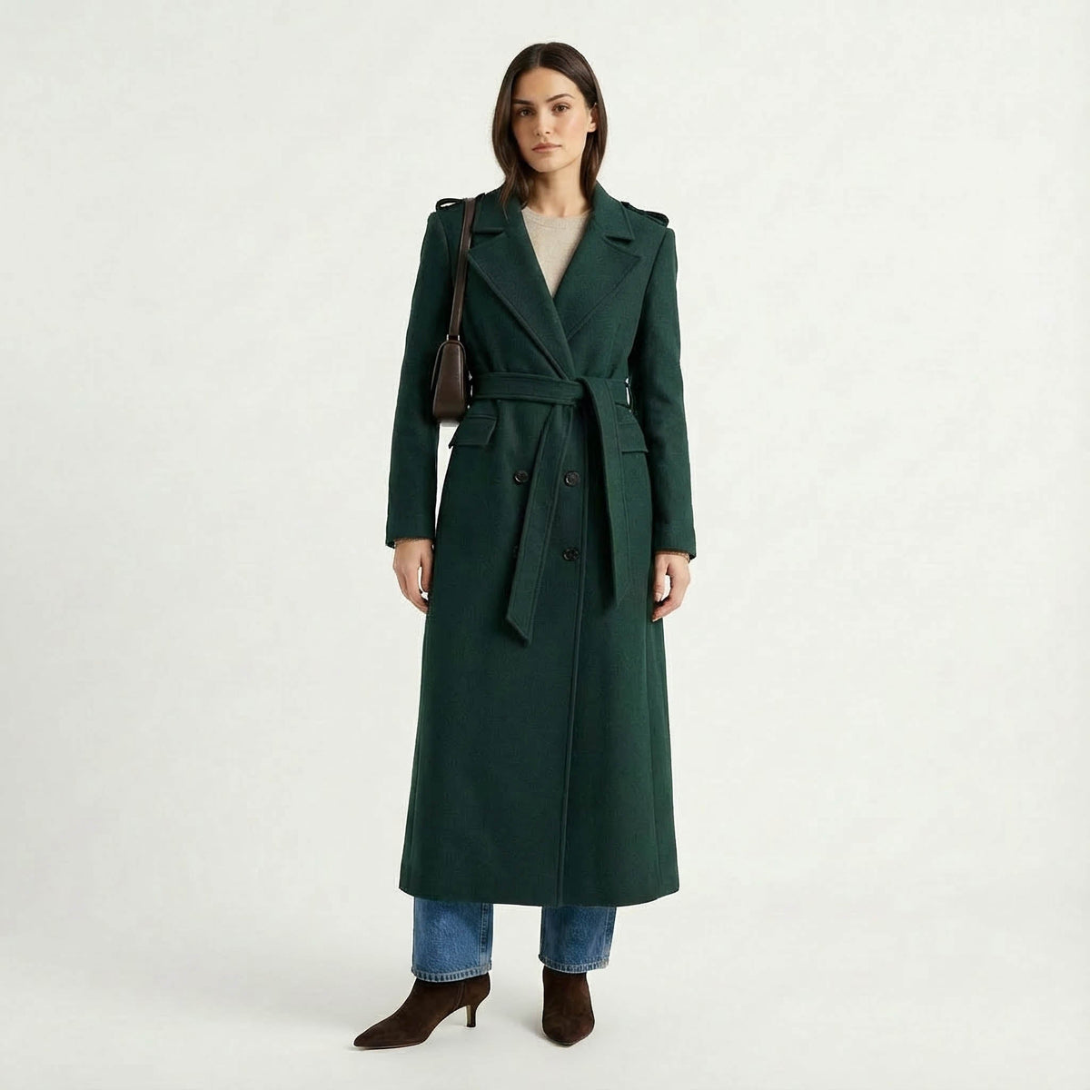 Forest Green Maxi Length Wrap Coat with Military Details