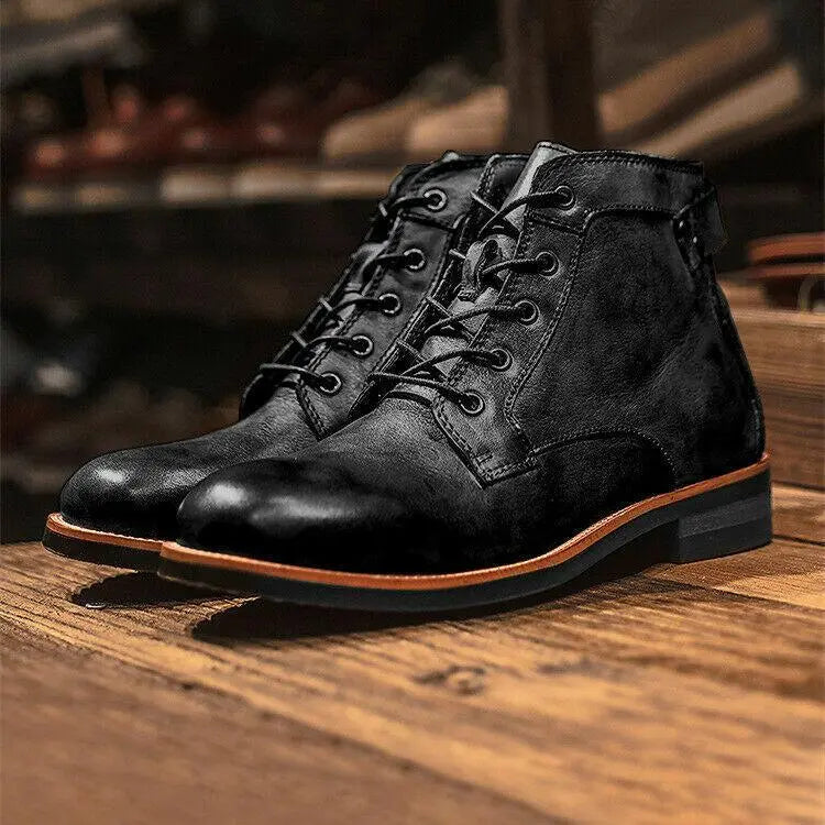 Optew Men's Leather Ankle Boots Lace-Up Comfort Durable Black